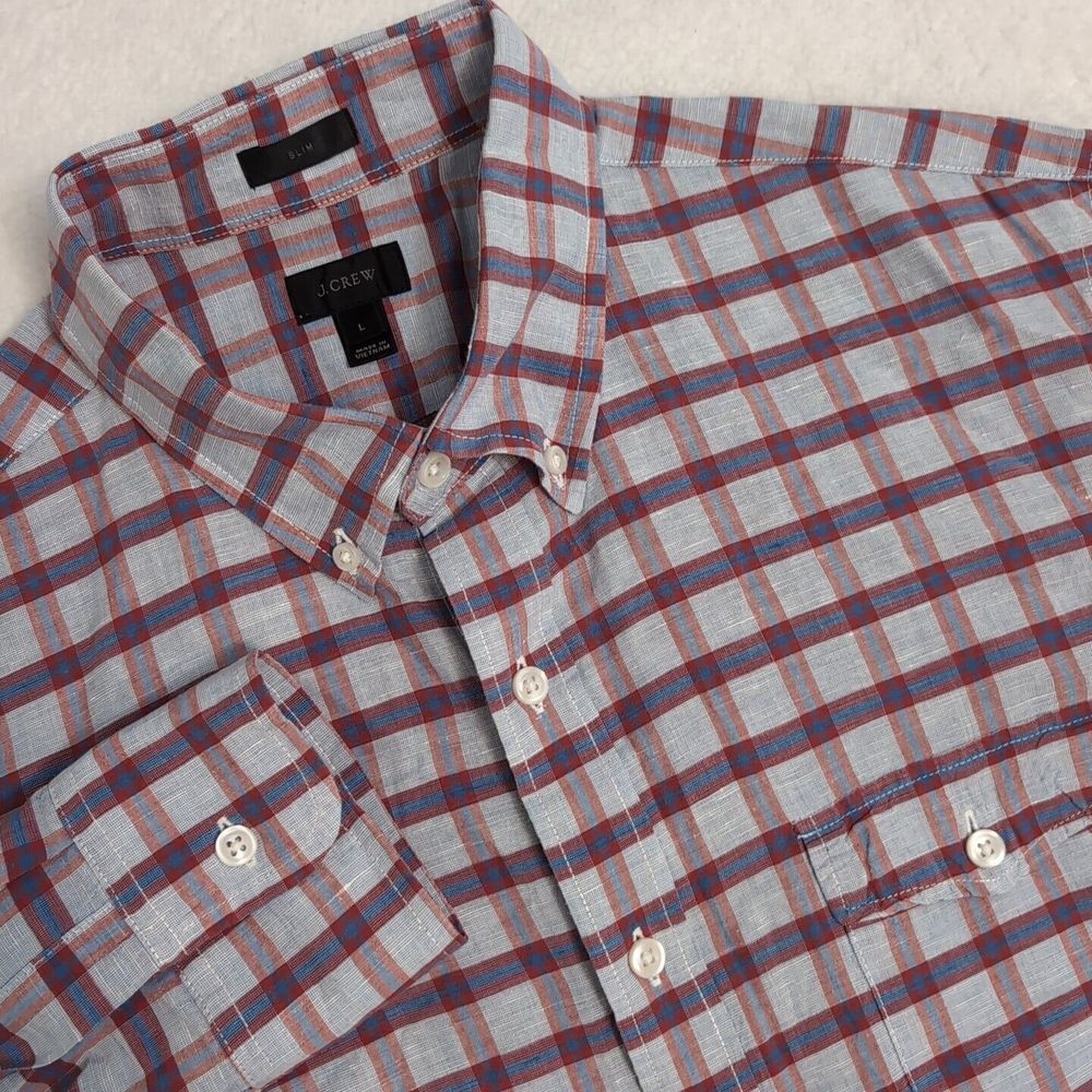 Men's J Crew Red Blue Check Linen Blend Slim Fit Button Down‎ Shirt Size L